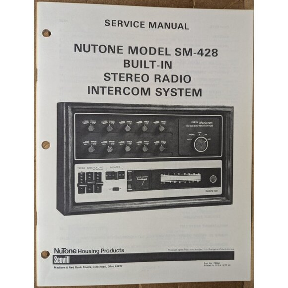 NUTONE SERVICE MANUAL FOR BUILT-IN STEREO RADIO INTERCOM SYSTEM MODEL SM-428 - Picture 2 of 8